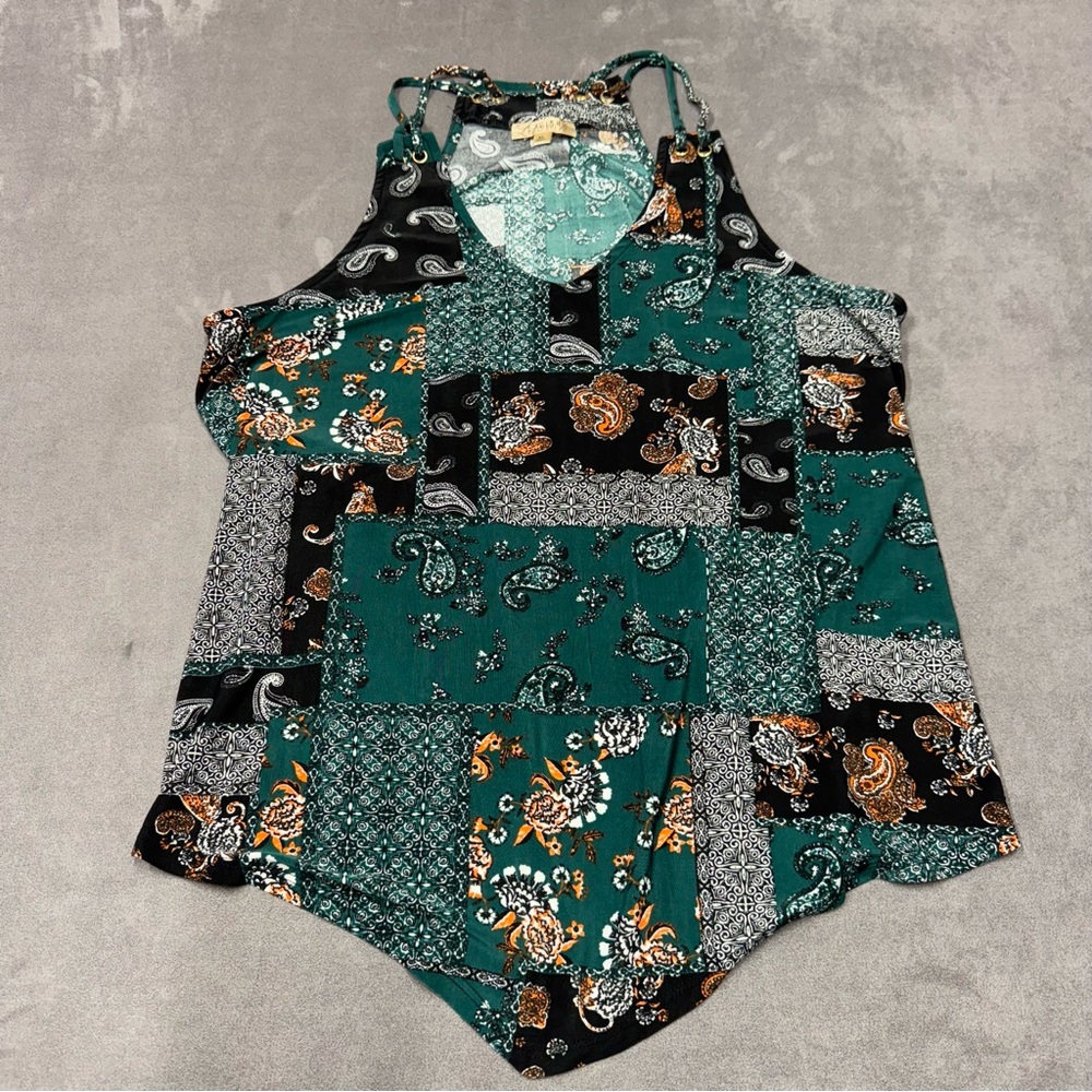 Lavish Green Black Patchwork paisley  print handkerchief hem cami Tank Top XL - Picture 2 of 8